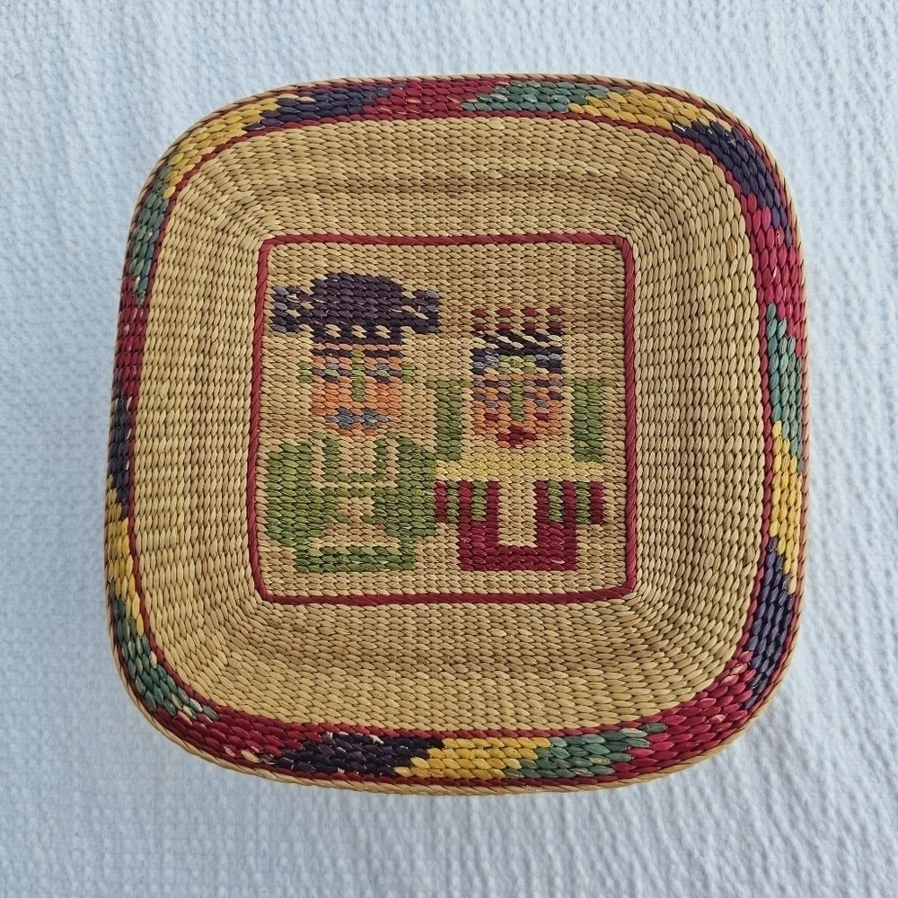 Vintage Handwoven South American Square Lidded Basket vibrant